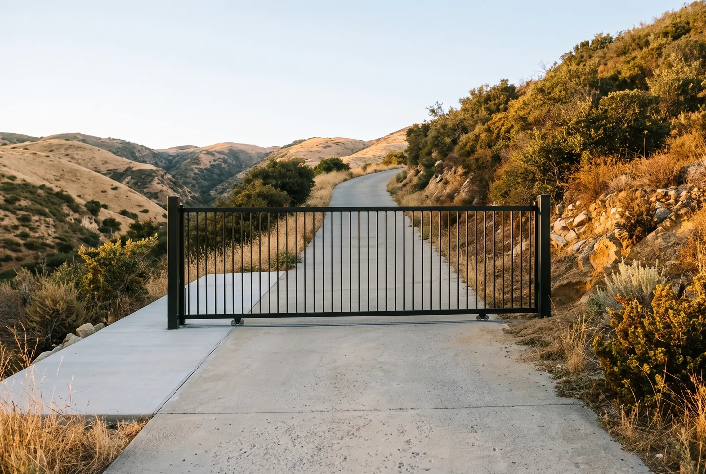Rendering of a black steel slide gate on a flush track across a concrete drive, with a level concrete strip beside the drive for the gate to roll onto