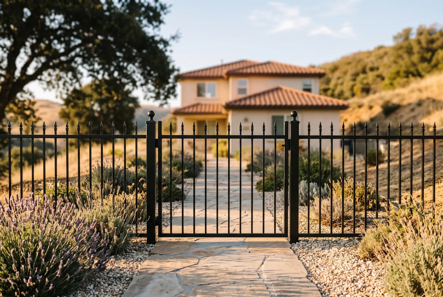 Rendering of a black iron walk gate with spear top pickets and ball capped posts across a flagstone path, with matching open fence on each side and a stucco house blurred behind